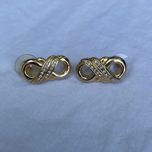 Gold Infinity Twist Earrings Vintage Crystal Stud - Picture 1 of 4